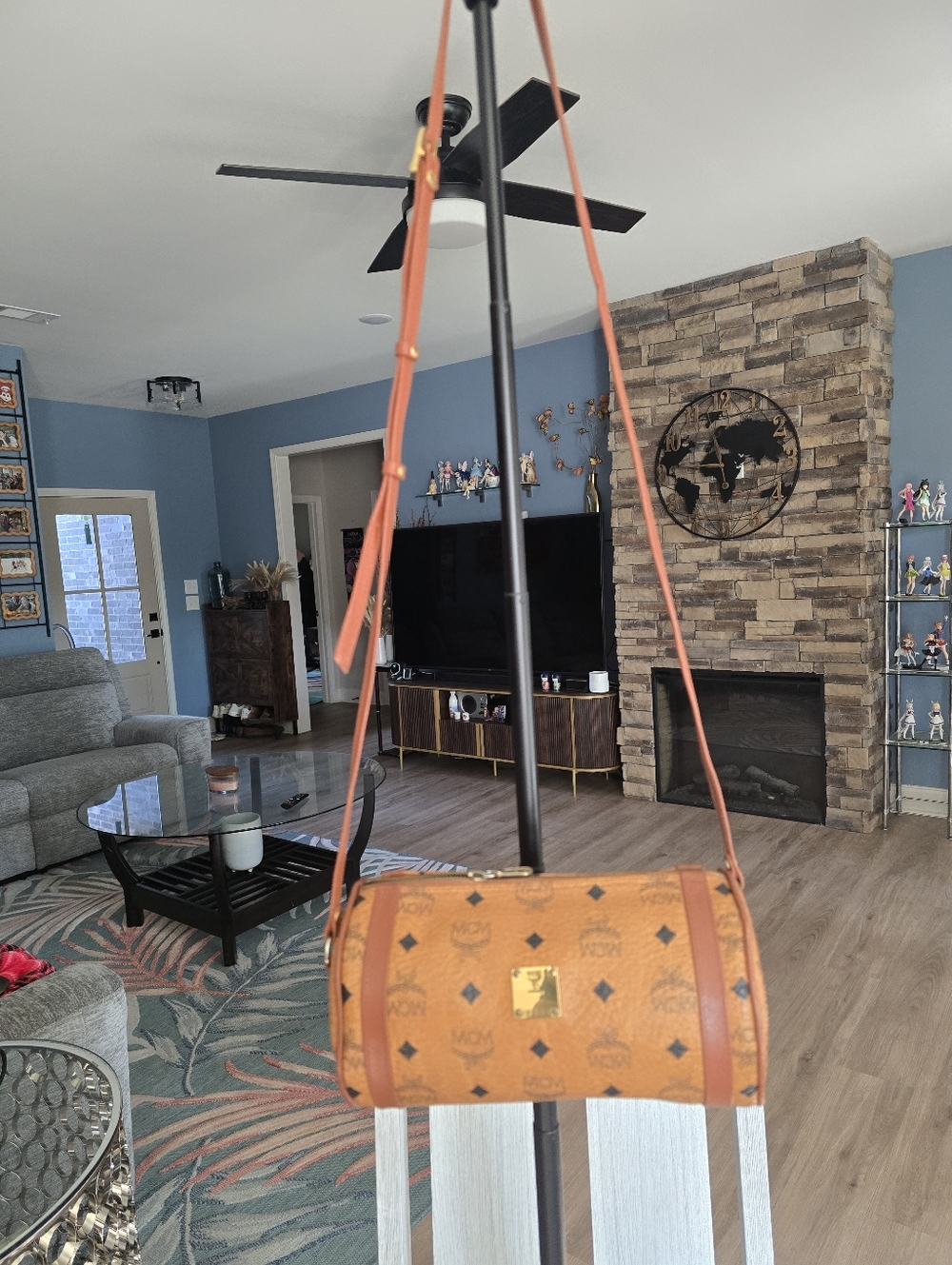 Authentic MCM Cognac and Black Logo Visetos Barrel Shoulder Bag